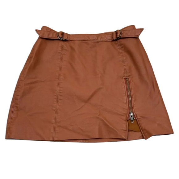 Free People Midnight Magic Faux Leather Cognac Brown Belted Women's Mini Skirt 8 - Picture 2 of 8